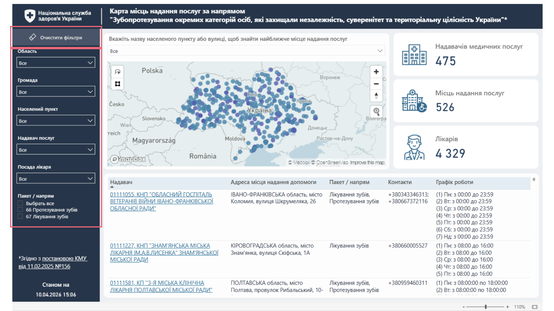Панель фільтрів та кнопка очищення