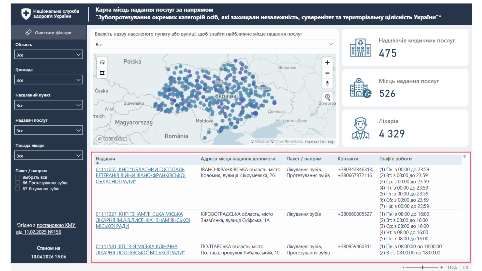 Перелік закладів під картою